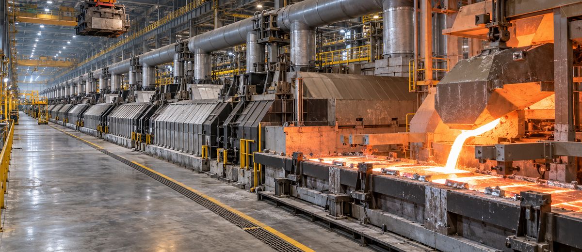 Aluminium smelter hall with a long line of furnaces and molten metal being poured