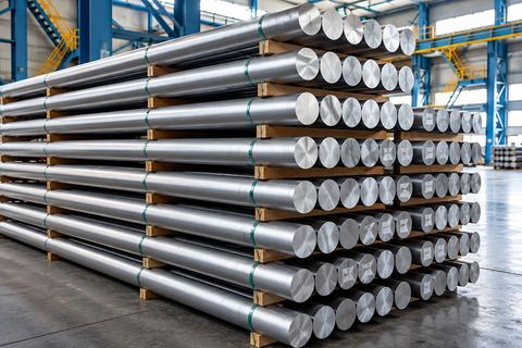 Stacks of aluminium bars on wooden supports in a factory hall